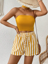 Ladies' Plain Halter Top And Striped Shorts Set